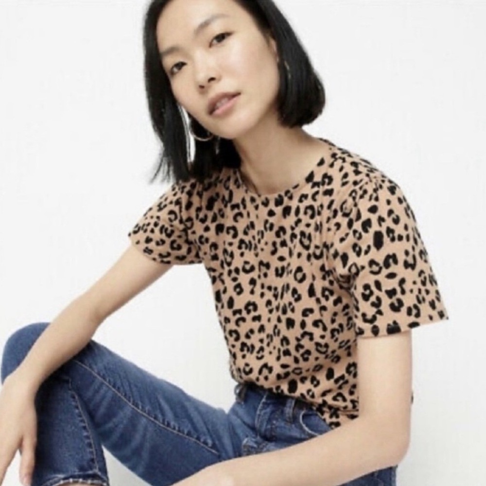 J.Crew Top Puff Short Sleeve S Tan Black Leopard Print Cotton Keyhole Back Tee